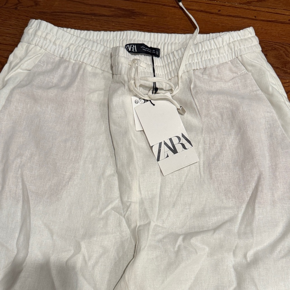 ZARA Cream Drawstring Linen-Blend Elastic Waist Pants